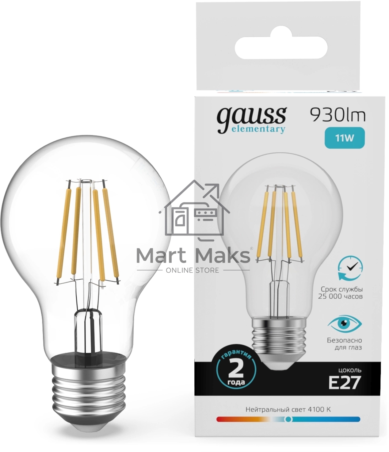 Лампа филам. Gauss Filament 11Вт цок.:E27 груша св.свеч.бел.нейт. (упак.:10шт) (22221)