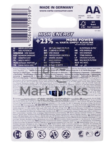 Батарейка Varta LONGLIFE POWER (HIGH ENERGY) LR6 AA 04906121412 BL2 Alkaline 1.5V (4906) (2/40/200)
