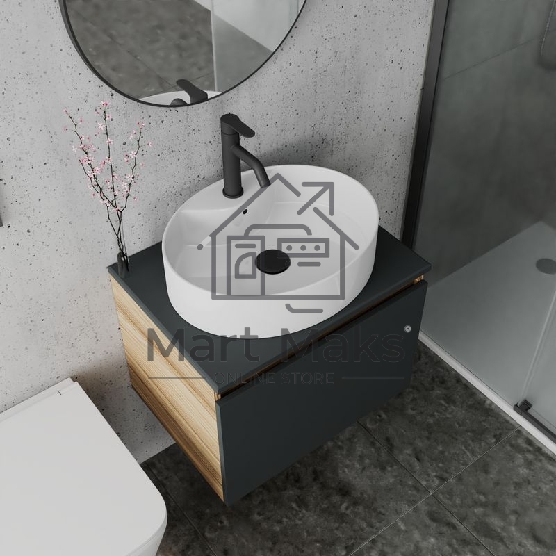 Комплект для ванной, 4 предмета (Тумба подвесная Blackwood 60 графит + Раковина BAU 51х41, с отв. под см-ль + Смеситель Dream Black, выпуск черный)