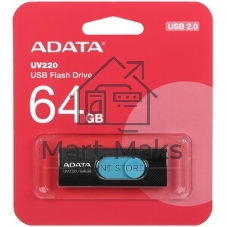 Флешка USB ADATA UV220 (AUV220-64G-RBKBL), 64Gb, USB 2.0, R/W 15/5, черный/голубой