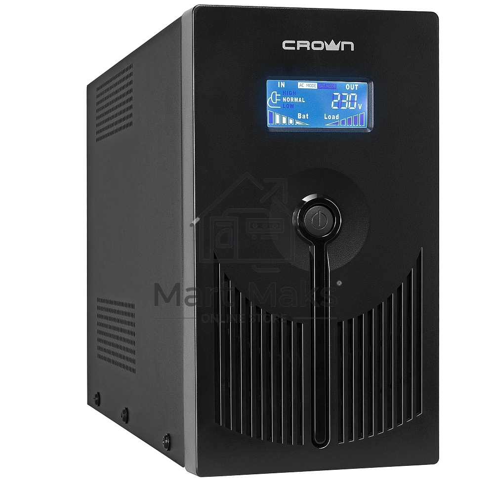 Источник бесперебойного питания CROWN 800VA/450W, металл, 1x12V/9AH, розетки 3*EURO+1*IEC bybass, трансформатор AVR 145-280V, LCD дисплей, съёмный кабель 1.2м, фильтр телефонной и ethernet линии RJ11/45, защита батареи, от перегрузки, от КЗ