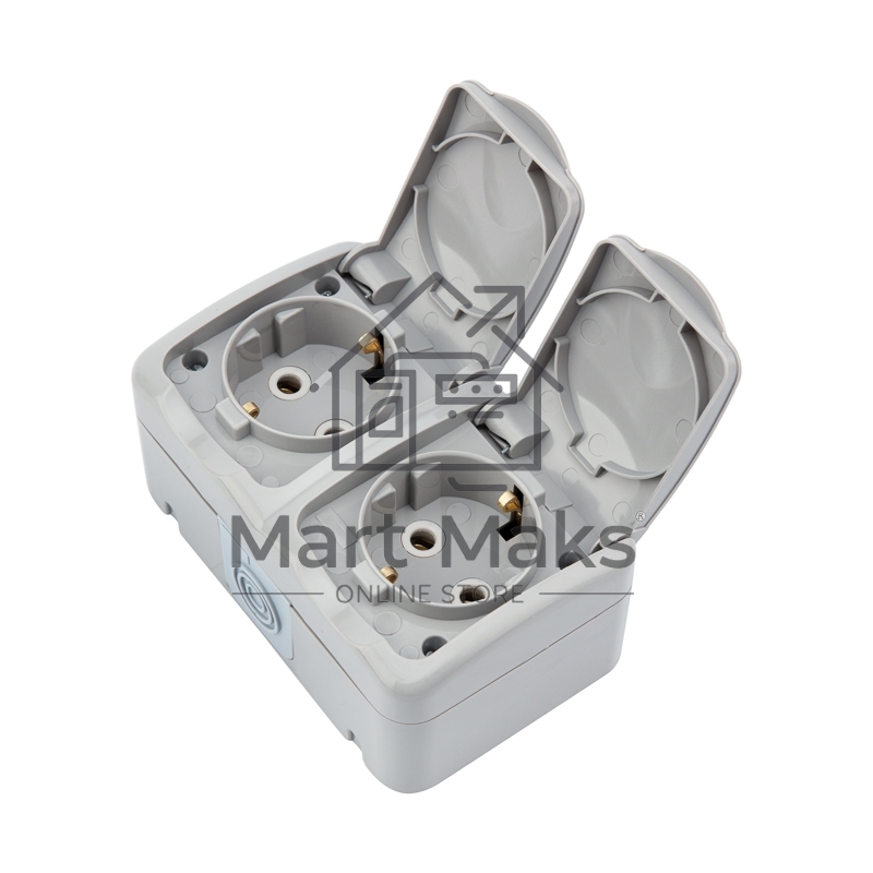 Блок горизонтальный 2 розетки Mini OG IP54 с заземлением, о/у, серый KRANZ