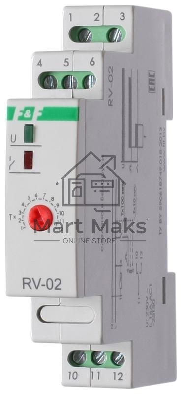 Реле времени RV-02 (задержка выкл. (1-120сек) 230В 16А 1перекл. IP20 монтаж на DIN-рейке) F&F EA02.001.008